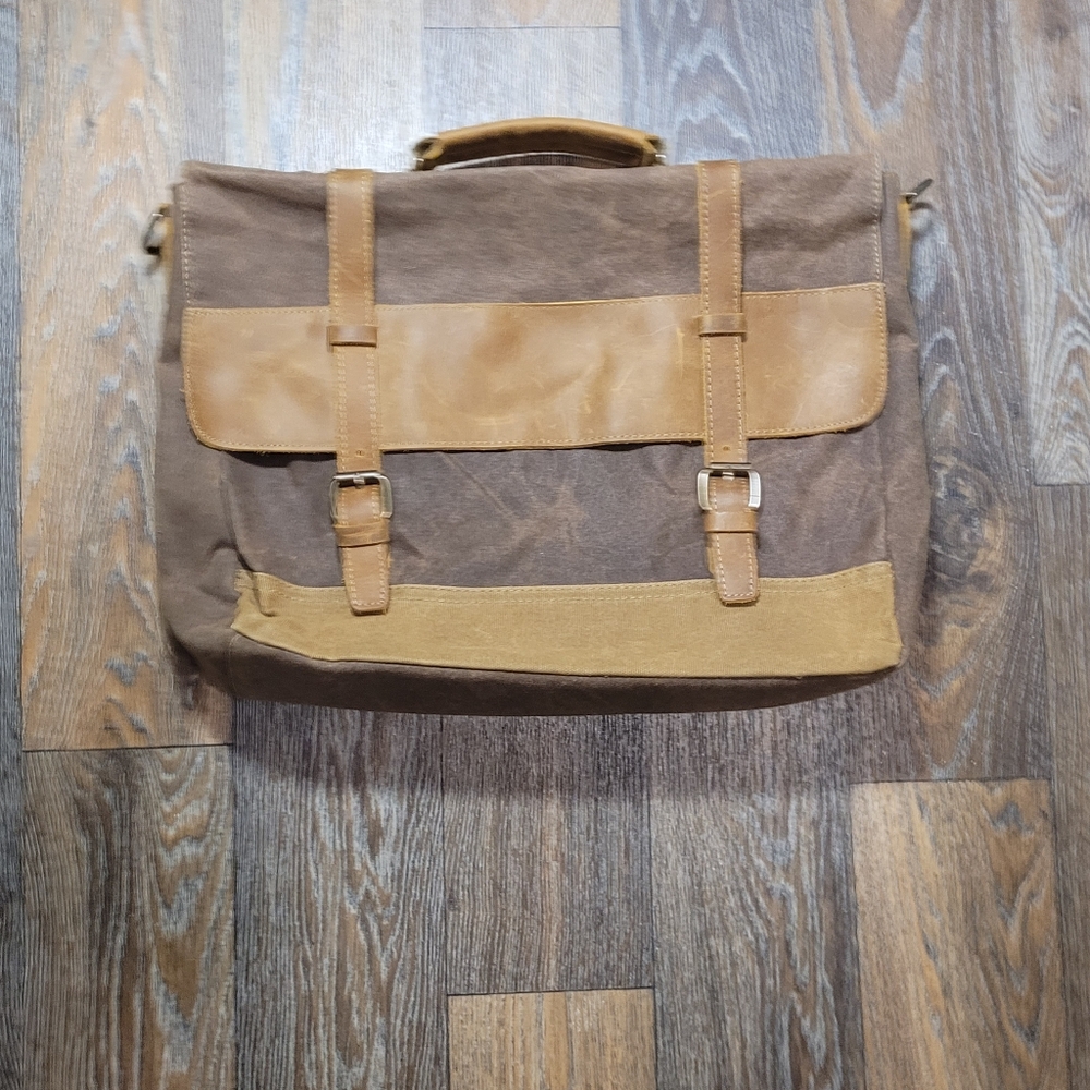 Newhey Mens Messenger Laptop Bag Waterproof Brown Canvas Leather